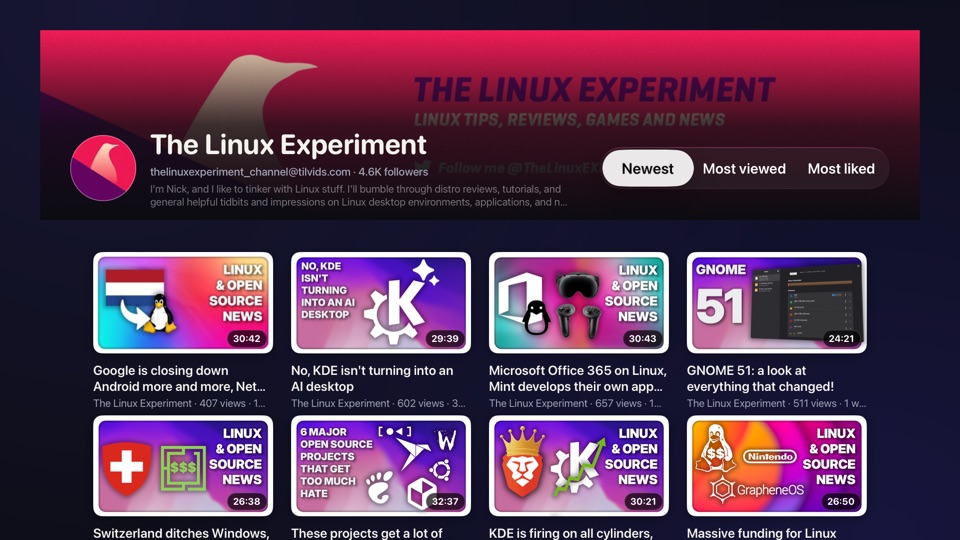 A channel page with its banner, followers and a grid of its videos.