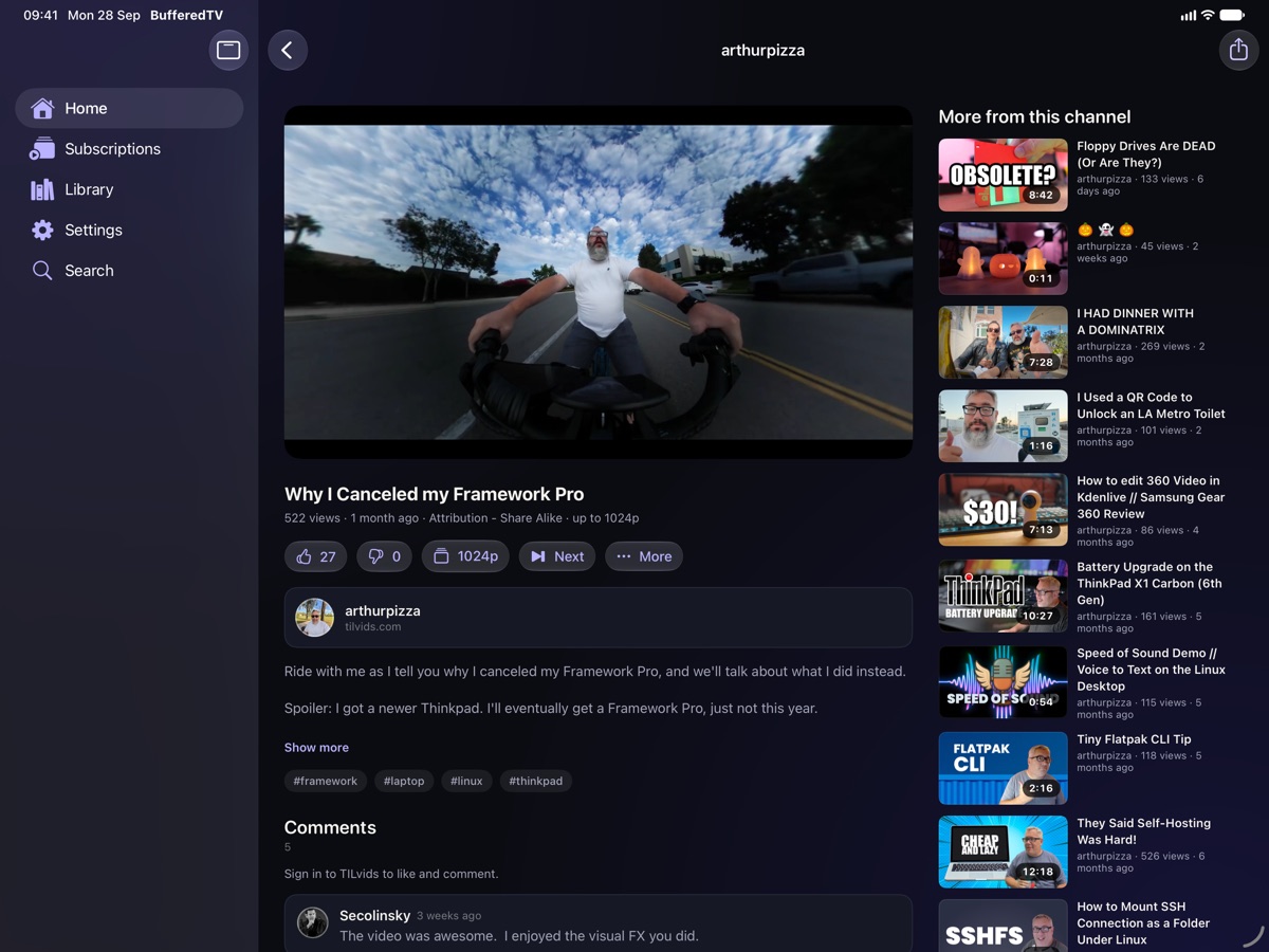 BufferedTV on iPad: a video playing beside more from its channel, with the sidebar on the left.